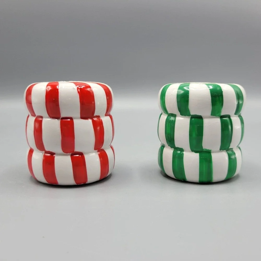 Vintage Ceramic Figis Red & Green Peppermint Candy Swirl Salt & Pepper Shakers
